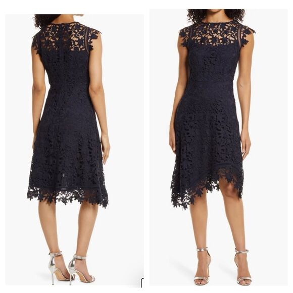 Eliza J Lace Asymmetric Cocktail Dress Navy Size 6 - Picture 2 of 12